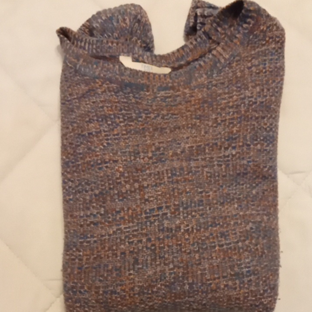 Brown and Blue Crew Neck Sweater with Textured Knit